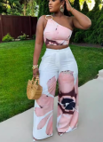 Sexy Floral Print One-shoulder Slim-fit Wide-leg Pants Two-piece Set