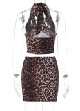Leopard Print Sexy Vest Hip Skirt Two Piece Suit For Women