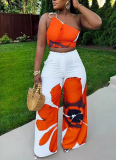 Sexy Floral Print One-shoulder Slim-fit Wide-leg Pants Two-piece Set