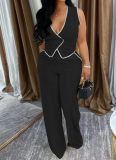 Fashionable Women'S Casual V-Neck Button Top And Trousers Two-Piece Suit