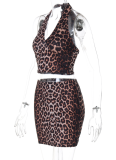 Leopard Print Sexy Vest Hip Skirt Two Piece Suit For Women