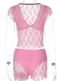Sexy See-Through Lace Patchwork V-Neck Top And Shorts Two-Piece Suit For Women