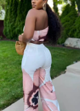 Sexy Floral Print One-shoulder Slim-fit Wide-leg Pants Two-piece Set