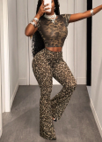 Sexy Hot Girl Semi-transparent Leopard Print Slim Short-sleeved Trousers Suit