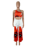 Sexy Floral Print One-shoulder Slim-fit Wide-leg Pants Two-piece Set