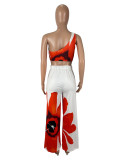 Sexy Floral Print One-shoulder Slim-fit Wide-leg Pants Two-piece Set