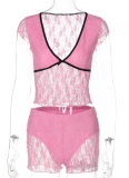 Sexy See-Through Lace Patchwork V-Neck Top And Shorts Two-Piece Suit For Women