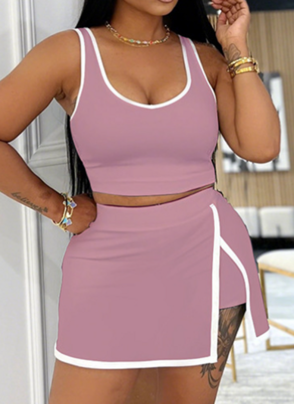 Fashionable Contrast Color Camisole Top Pants Skirt Sports Two-Piece Suit