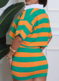 Colorblock Short Sleeve Top High Waist Hip-Wrapped Short Skirt Fashion Two-Piece Suit For Women