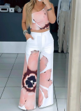 Sexy Floral Print One-shoulder Slim-fit Wide-leg Pants Two-piece Set