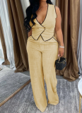 Fashionable Women'S Casual V-Neck Button Top And Trousers Two-Piece Suit