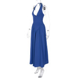Sexy Deep V Hollow Halter Neck Temperament Large Swing Skirt Dress