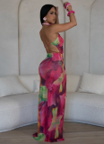 Fashionable Pleated Print Sexy Slim Backless Suspender Dress