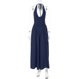 Sexy Deep V Hollow Halter Neck Temperament Large Swing Skirt Dress