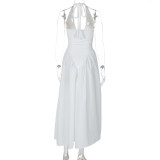 Sexy Deep V Hollow Halter Neck Temperament Large Swing Skirt Dress