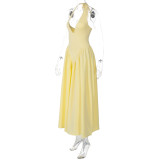 Sexy Deep V Hollow Halter Neck Temperament Large Swing Skirt Dress