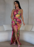 Fashionable Pleated Print Sexy Slim Backless Suspender Dress