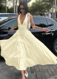 Sexy Deep V Hollow Halter Neck Temperament Large Swing Skirt Dress