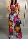 Casual Slim Fit Printed Sleeveless Straight Jumpsuit