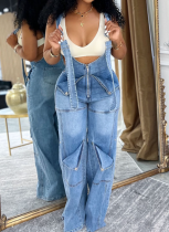 Summer Casual Suspenders Zipper Washed Denim Jumpsuit For Women
