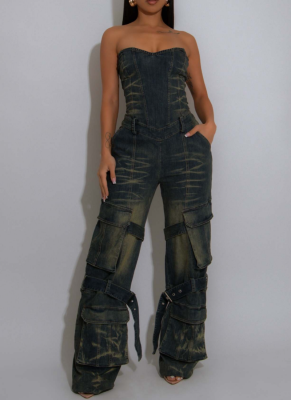 Multi-Pocket Washed Distressed Chest-Wrapped Sexy Stretch Denim Jumpsuit