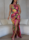 Fashionable Pleated Print Sexy Slim Backless Suspender Dress