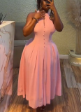 New Style Elegant halterneck Sleeveless Waist Slimming Pink Mid-length Dress