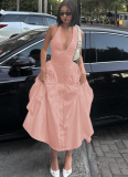 Sexy Deep V Hollow Halter Neck Temperament Large Swing Skirt Dress