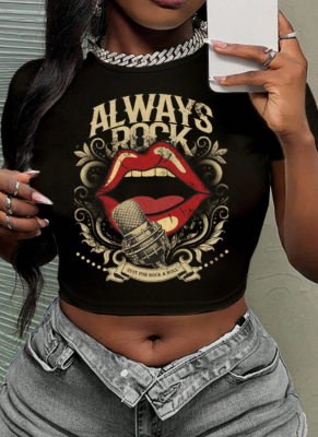 Street Hip-Hop Rock Style Slim Sexy Navel-Baring Short-Sleeved T-Shirt