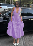 Sexy Deep V Hollow Halter Neck Temperament Large Swing Skirt Dress