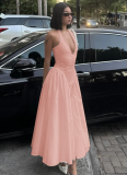 Sexy Deep V Hollow Halter Neck Temperament Large Swing Skirt Dress