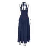 Sexy Deep V Hollow Halter Neck Temperament Large Swing Skirt Dress
