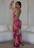 Fashionable Pleated Print Sexy Slim Backless Suspender Dress