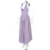Sexy Deep V Hollow Halter Neck Temperament Large Swing Skirt Dress