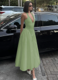 Sexy Deep V Hollow Halter Neck Temperament Large Swing Skirt Dress