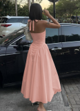 Sexy Deep V Hollow Halter Neck Temperament Large Swing Skirt Dress