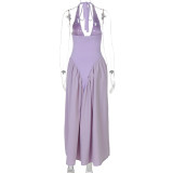 Sexy Deep V Hollow Halter Neck Temperament Large Swing Skirt Dress