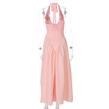 Sexy Deep V Hollow Halter Neck Temperament Large Swing Skirt Dress