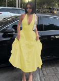 Sexy Deep V Hollow Halter Neck Temperament Large Swing Skirt Dress