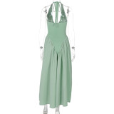Sexy Deep V Hollow Halter Neck Temperament Large Swing Skirt Dress