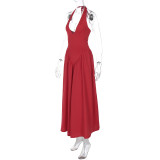 Sexy Deep V Hollow Halter Neck Temperament Large Swing Skirt Dress