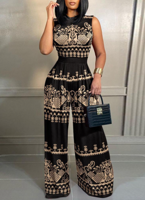 Casual Slim Fit Printed Sleeveless Straight Jumpsuit