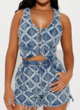Spring And Summer Diamond Pattern Denim Vest Shorts Women'S Two-Piece Suit