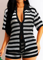 Sexy Women'S Hollow See-Through Lapel Shirt Knitted Shorts Two-Piece Set