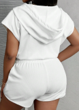 Women'S White Zipper Short-Sleeved Hooded Shorts Two-Piece Suit