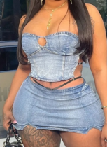 Sexy Tube Top Slit Mini Skirt Denim Two Piece Set