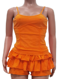 New Style Washed Suspender Top Ruffled Pants Skirt Women'S Two-Piece Suit