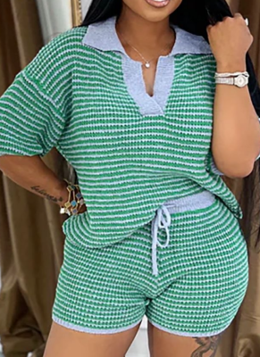 Lapel Striped Knit Top High Waist Shorts Casual Women'S Two-Piece Suit