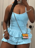 New Style Washed Suspender Top Ruffled Pants Skirt Women'S Two-Piece Suit