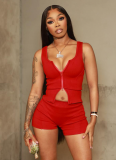 Sexy Sports Sleeveless Zipper Vest Top Tight Shorts Two-Piece Set